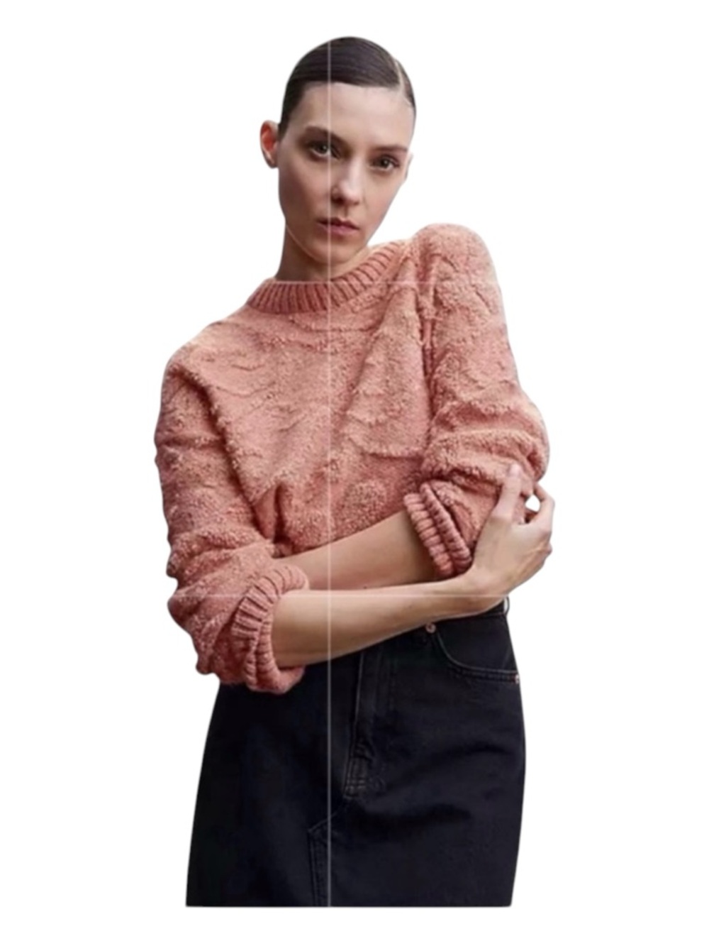 MANGO Mosaico Jacquard Crew Neck Sweater, Long Sleeve, Cable Knit, Size M.